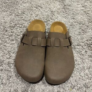 Women's Brown Slip-On Clog Mule with Adjustable Strap